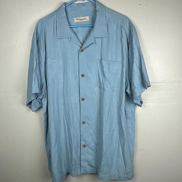 Tommy Bahama | Baby Blue Silk Short Sleeve Palm Trees Button Up Shirt | XL - Picture 1 of 9